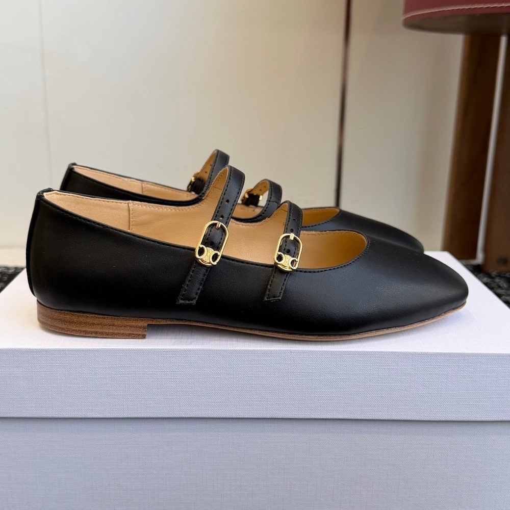 Women's CELINE Mary Jane Double Strap Leather Flats in Black with Gold Hardware - Picture 3 of 6